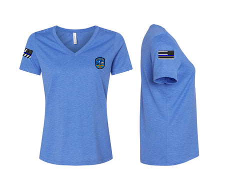 10-13 Color Patch Blue Line Flag Woman’s V-Neck T-Shirt